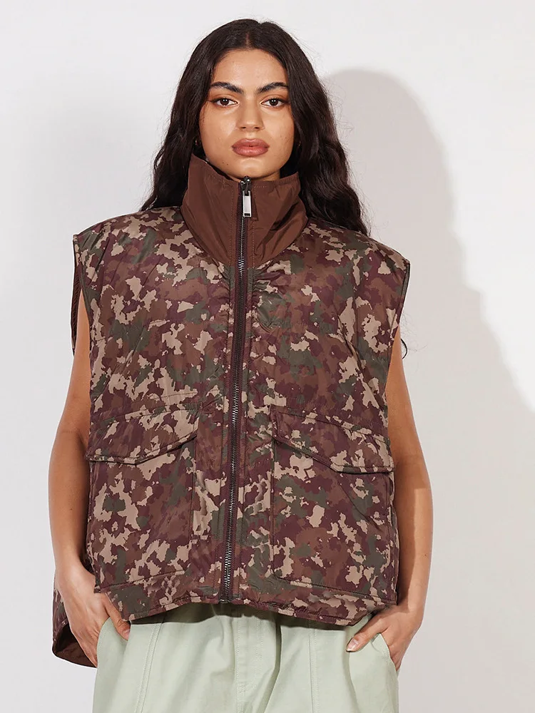 2024 autumn new high collar sleeveless camouflage double-sided cotton jacket for women cotton jacket padded casual slim coat