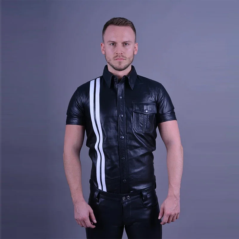 Men\'s Turn-down Collar Matte Leather Jacket Shirt Male Short Sleeve Striped Single Row Button PU Jacket Coat New Clothing Custom