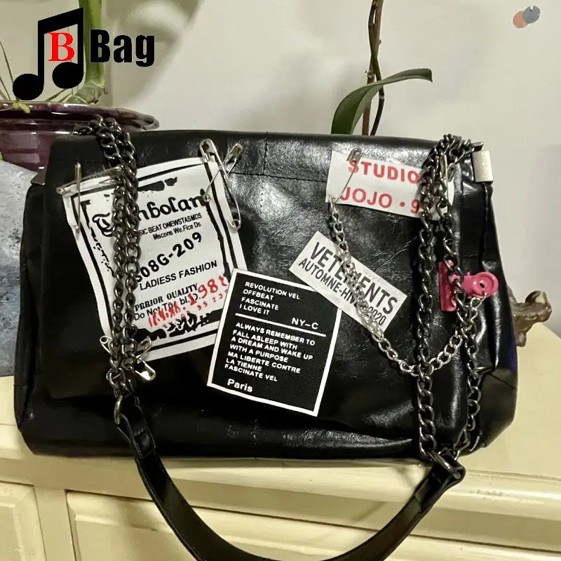 Gothic HARajuku oil wax leather locomotive sense chain sweet cool women's handbag punk everything large capacity shoulder bag