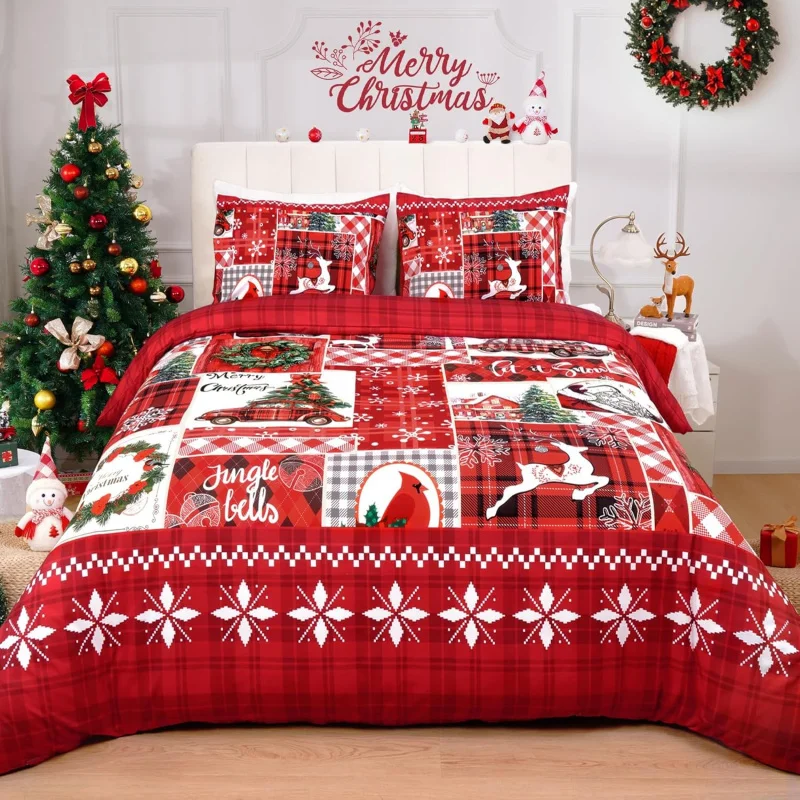 

Christmas duvet cover extra large red green country grid holiday decoration (1 duvet cover, 2 pillowcases, no duvet)