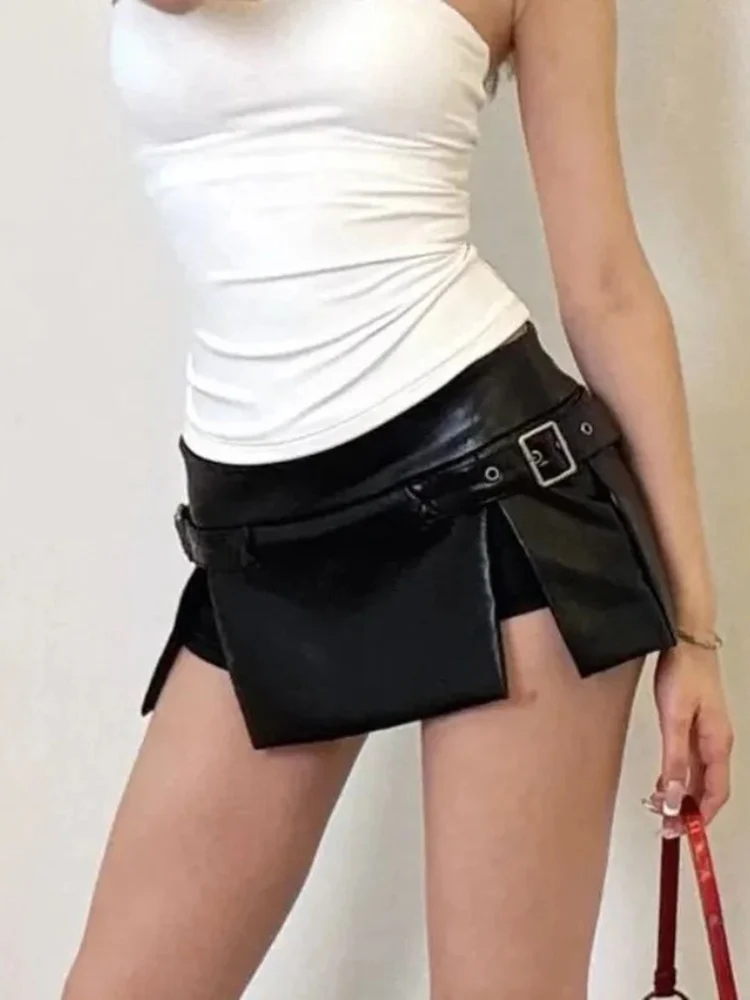 Pu Leather Black Ultra Mini Skirt Women Korean Sexy Low Waist Split Slimming Skirts Retro Spicy Girl Streetwear Faldas