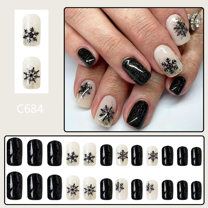 24 pçs curto quadrado unhas falsas com design 2024 natal unhas falsas glitter floco de neve preto reutilizável adesivo imprensa em unhas