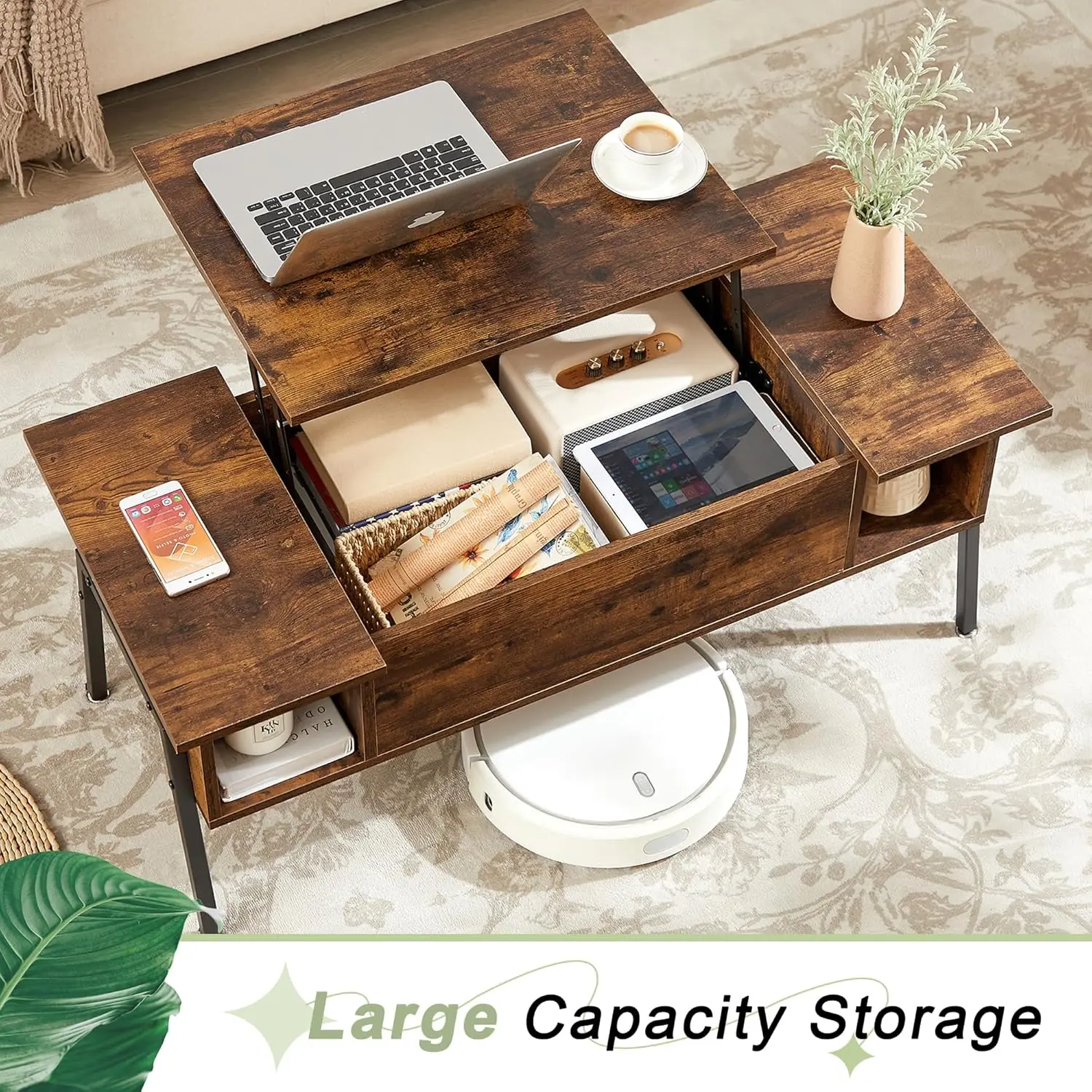 

Wood Lift Top Coffee Table with Hidden Compartment and Storage Shelf for Living Room/Office Reception, Rising Tabletop, Brown