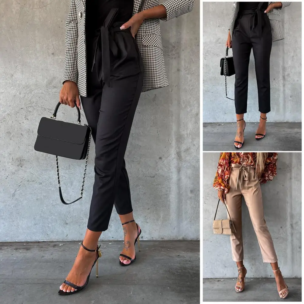 Women Straight Fit Pants Stylish Lace-up High Waist Leather Pants for Women Straight Fit Solid Color Trousers with Elastic