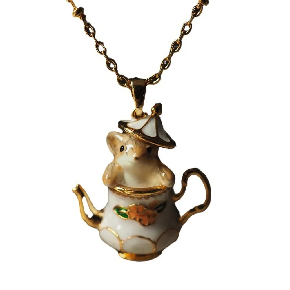 Cute and Romantic Cartoon Teacup Chipmunk Pendant Necklace for Women Luxury Enamel Mouse Dangle Earring Jewelry Set Accessories