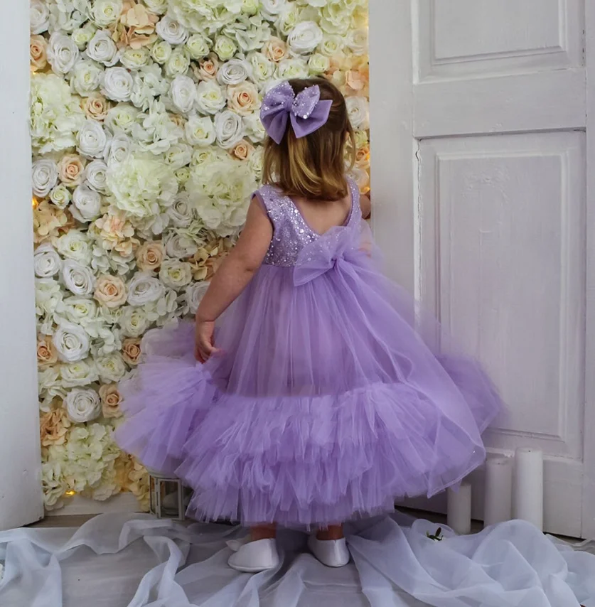 Robe de ixd'Anniversaire à Paillettes pour Petite Fille, Tenue de Gâteau, Bouffante, à Gros Nministériels d, à Fleurs, pour Première Cérémonie, Nouvelle Collection 2024