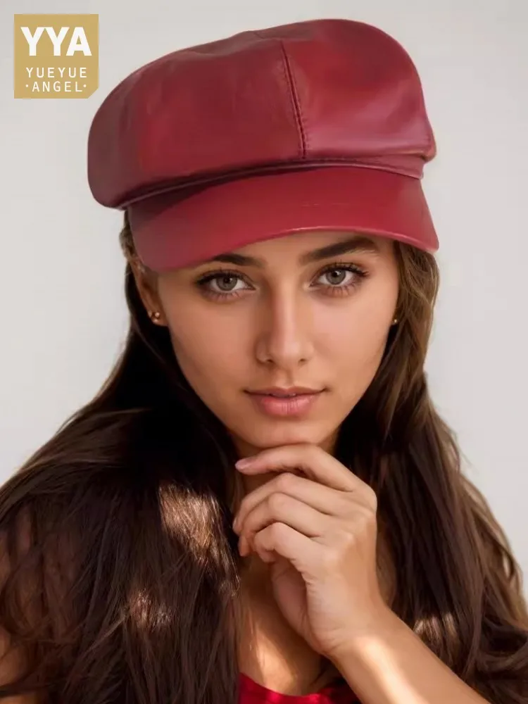 Red Genuine Leather Octagonal Cap Women Fashion Real Sheepskin Peaked Hat Comfortable Spring Autumn Windproof Berets Accessories
