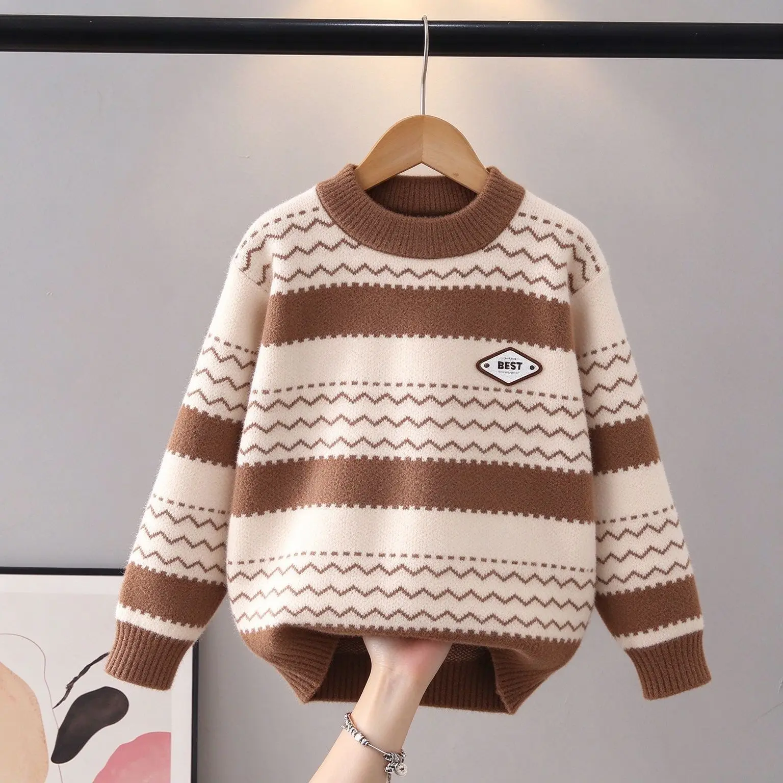 Cozy Textured Sweater for Kids Boys Preppy Touch Teenage Boy Horizontal Stripe Knitted Pullovers Stylish Child Clothes JY10191