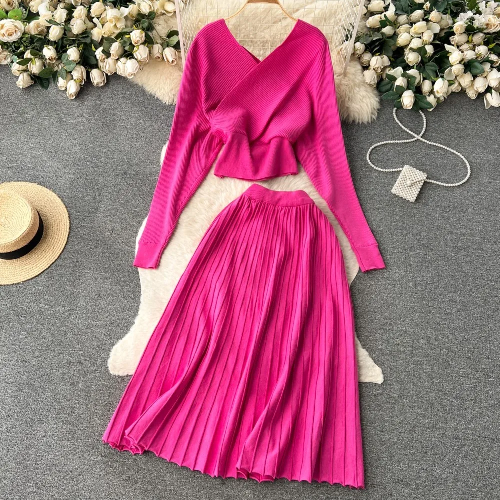 Women Sexy Elegant Knitted Skirts Suit Long Sleeve Crop Tops A-Line Saya 2 Pieces Set Femme Fashion Korean Sweater Outfits Cloth