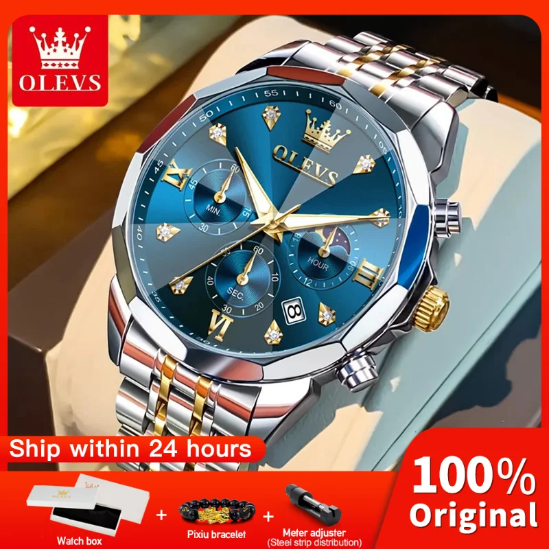 OLEVS 3670 Mens Watch Multifunctional Chronograph Quartz Watch Waterproof Luminous Moon Phase Watch Mens Gifts Authentic Product