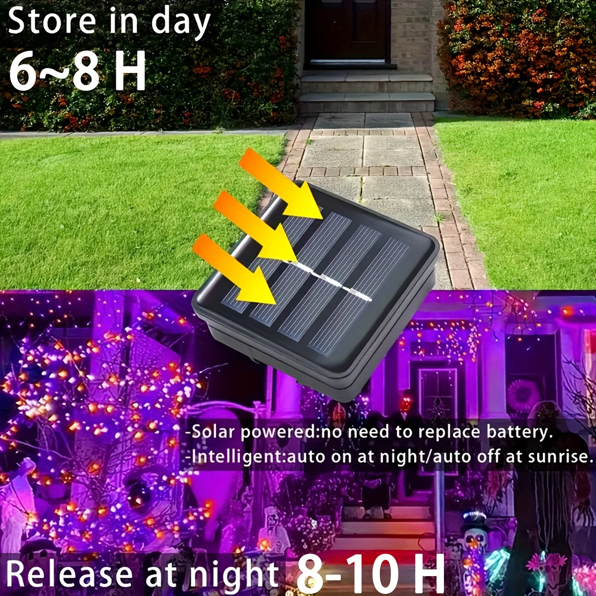 1/2pcs Solar Copper Wire LED String Lights Halloween Outdoor Fairy Lights Orange Purple Glow Garden Party Holiday Decoration