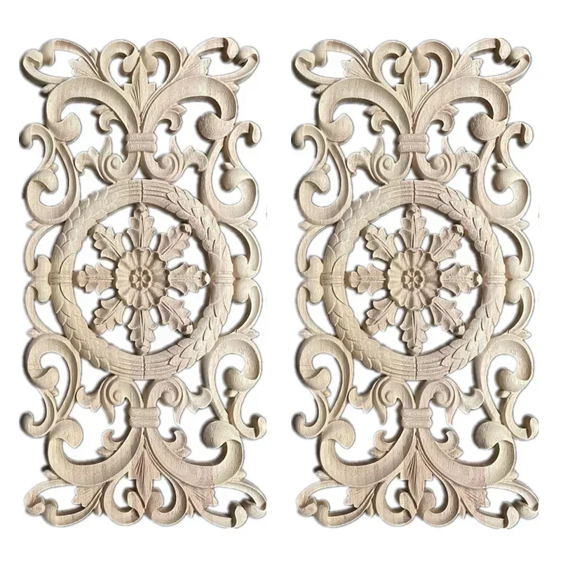2PCS Wood Carving Natural Wooden Appliques Door Furniture Cabinet Decorative Unpainted Wooden Mouldings Decal Vintage Home Decor