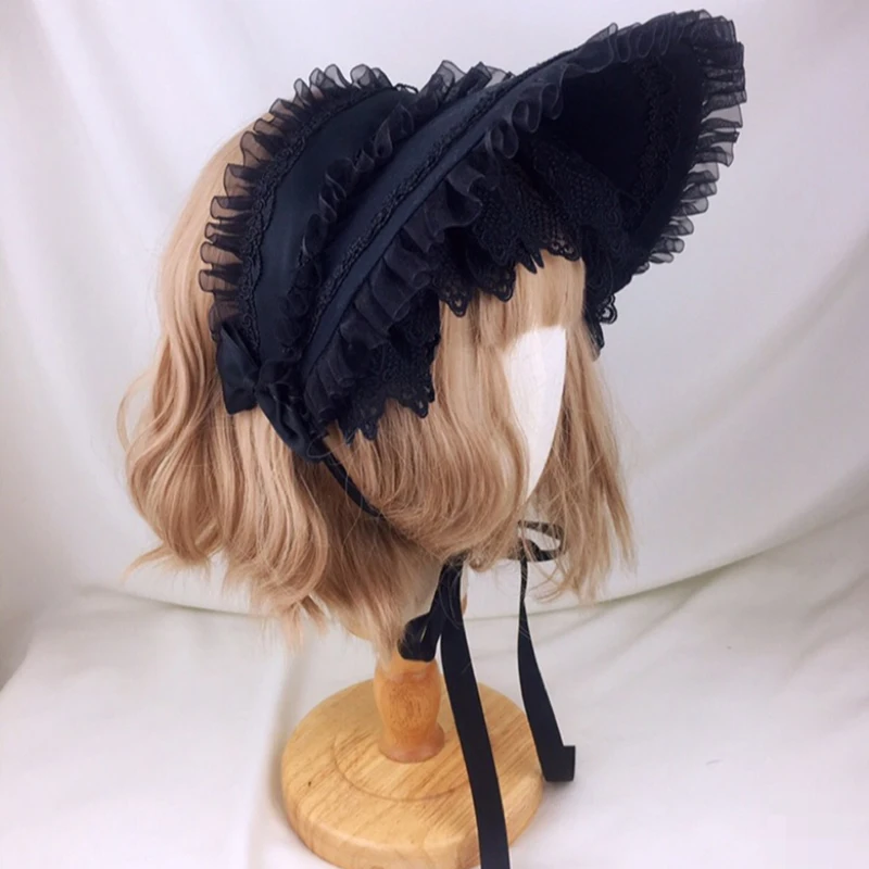 Gothic Bonnet Hat Lolita Girls Maid Cosplay Cap Headpiece Vintage Victorian Multilaye Lace Hats