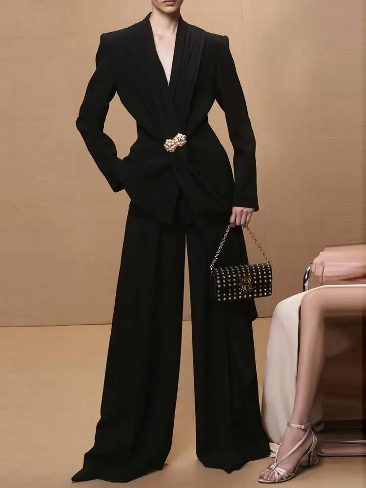 

HIGH STEET Newest Designer Set Women's Collarless Blazer Jacket Wide Leg Pants Suit 2Pcs