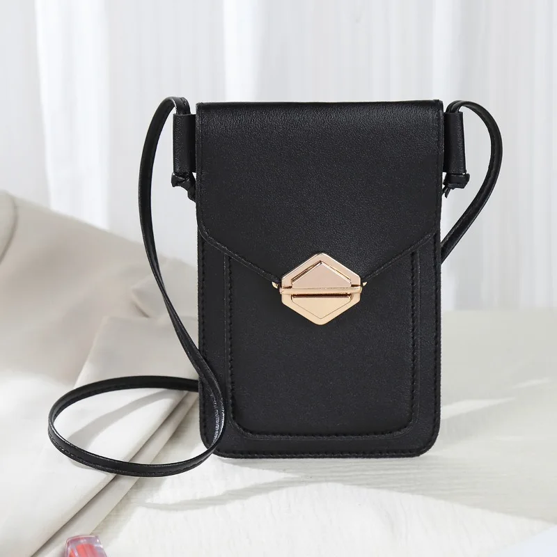 New messenger mobile phone bag transparent touchscreen mobile phone wallet female retro student solid color buckle lock small