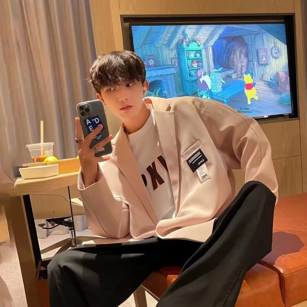 

Loose Casual Men's Suit Jaet Autumn Korean Sle Faionable Hong Kong Sle Top Ins Small Western Clothes Polyester Fiber