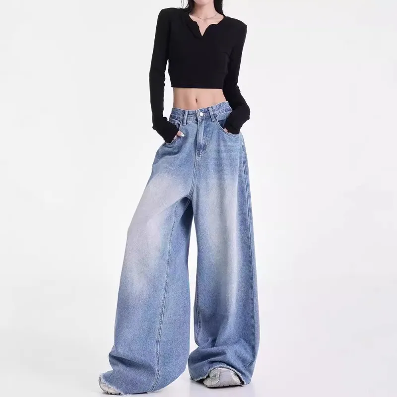 

New American high street washed wide leg jeans high waist vintage faded straight leg denim with lazy casual vibe for women daily