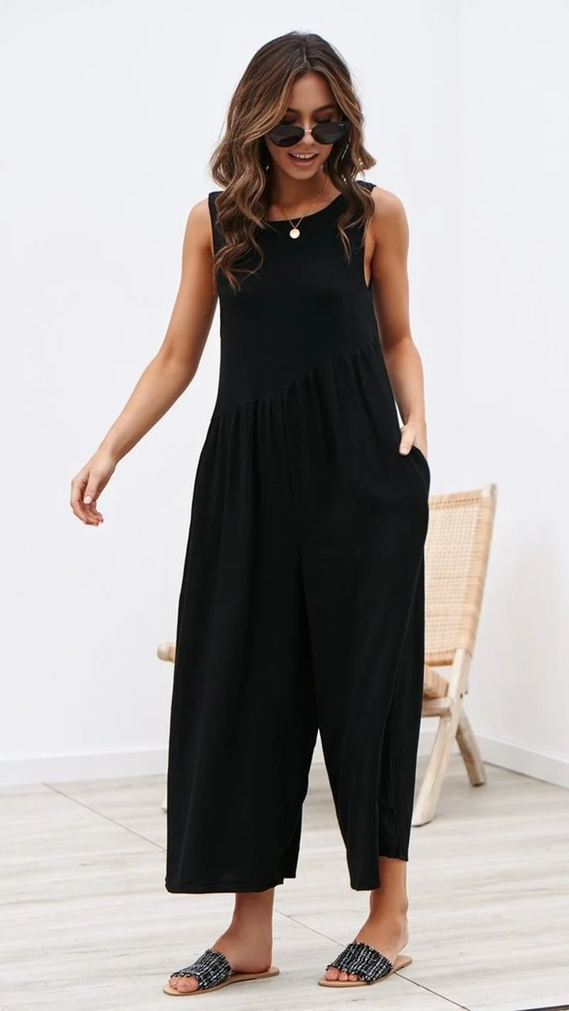 

Summer Wide-leg Jumpsuits Loose Vest Sleeveless Casual Women Solid Loose Folds Female Rompers One Piece Outfit Boho Fashion