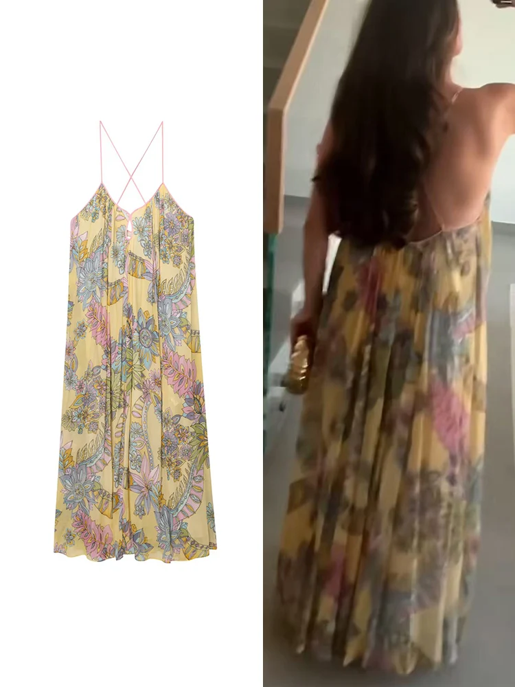 TFMLN Elegant Women Casual Print Dress Sleeveless Party Summer V Neck Sling Loose Dress Fashion Holiday Beach Style Long Dresses