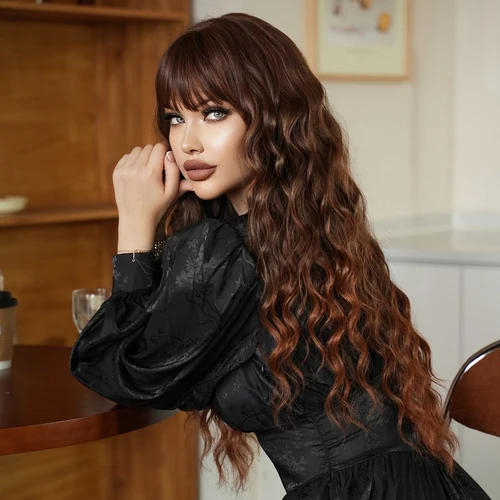 Imagen 2 del producto Peluca de pelo largo y rizado NAMM, peluca con degradado dorado marrón para mujer, pelucas sintéticas naturales para Cosplay diario con flequillo de fibra resistente al calor