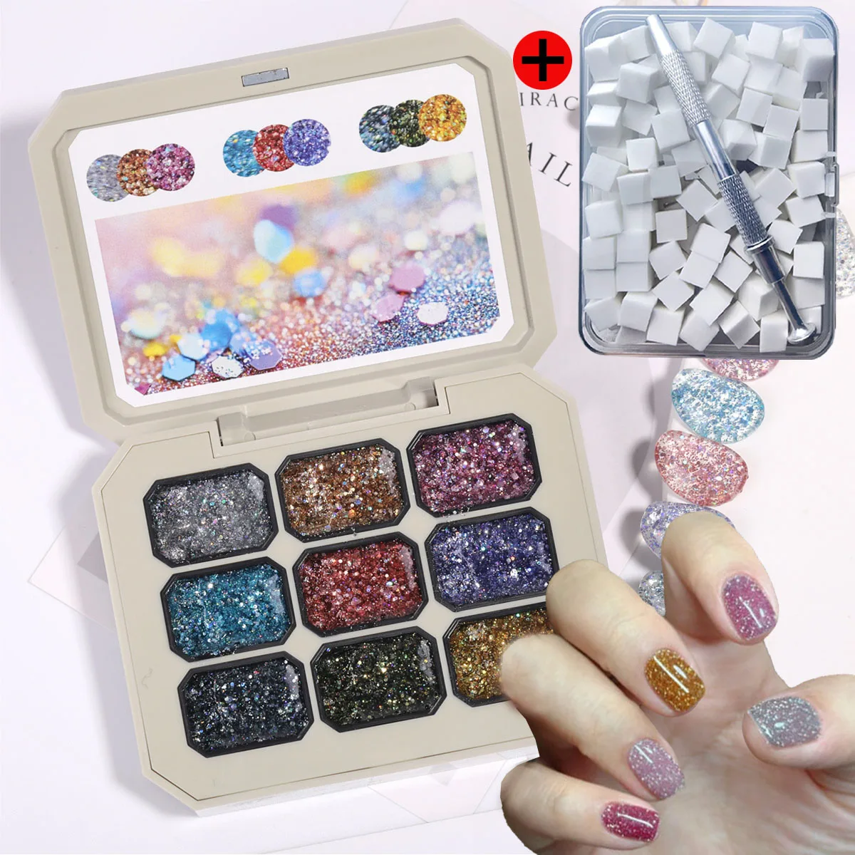 

1 компл./2 шт., твердый гель с блестками, красочный блестящий блестящий порошок, клей, УФ-светодиодный лак для ногтей, гель для салона, 1 коробка, губка, зажим для DIY Y2K