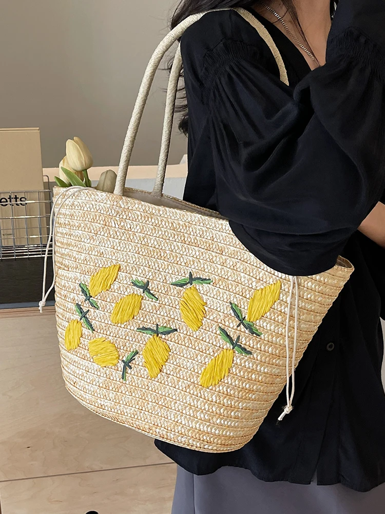 Large Capacity Straw Casual Women Shoulder Bags Fashion Embroidery Weave Ladies Underarm Bag Simple Travel Beach Female Handbag