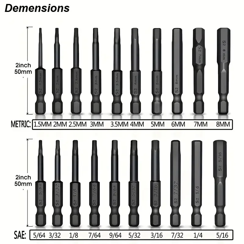 Hex Screwdriver Drill Bit Set, S2 Alloy Steel Allen Wrench, Metric e Imperial Power, Chave de fenda elétrica e manual, Brocas, 10Pcs