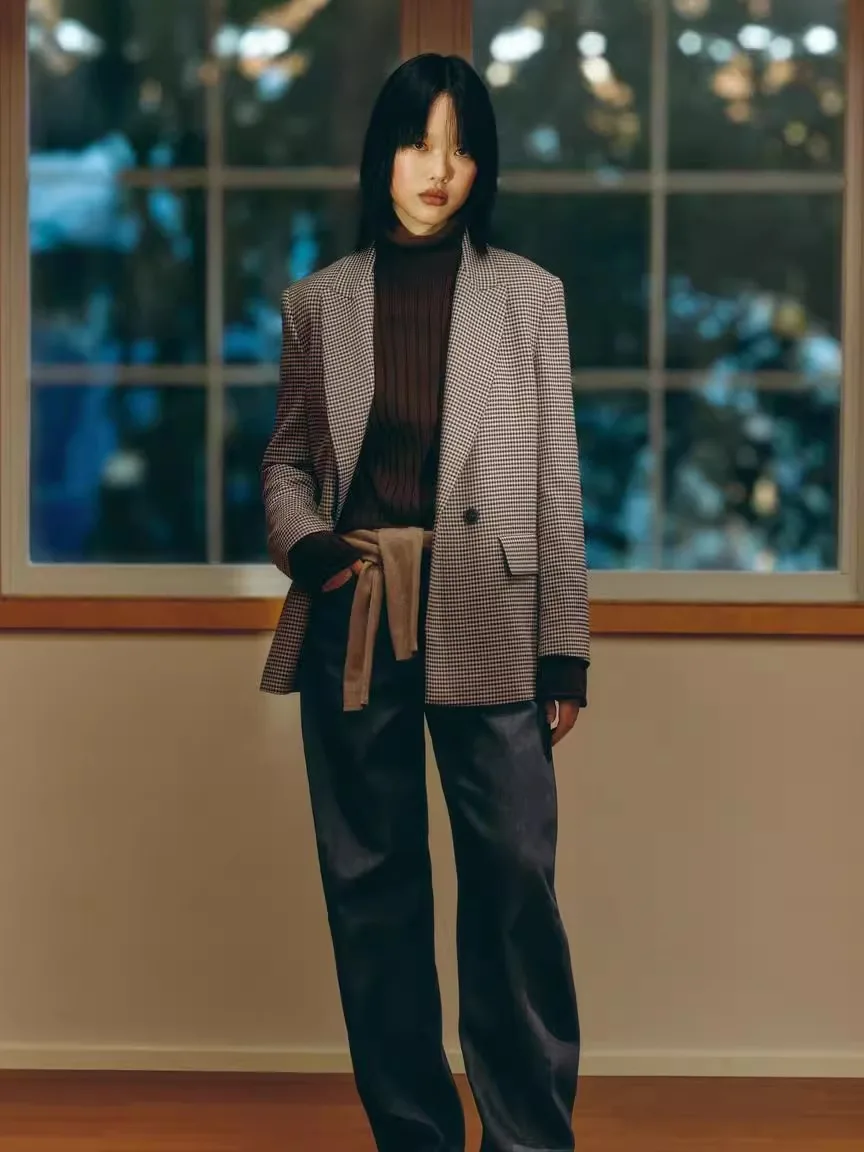 

Loose Fit Plaid Print Double Breasted Autumn Winter Suit Jaet Classic Preppy Sle Long Sve Casual Women's Faion Outer...