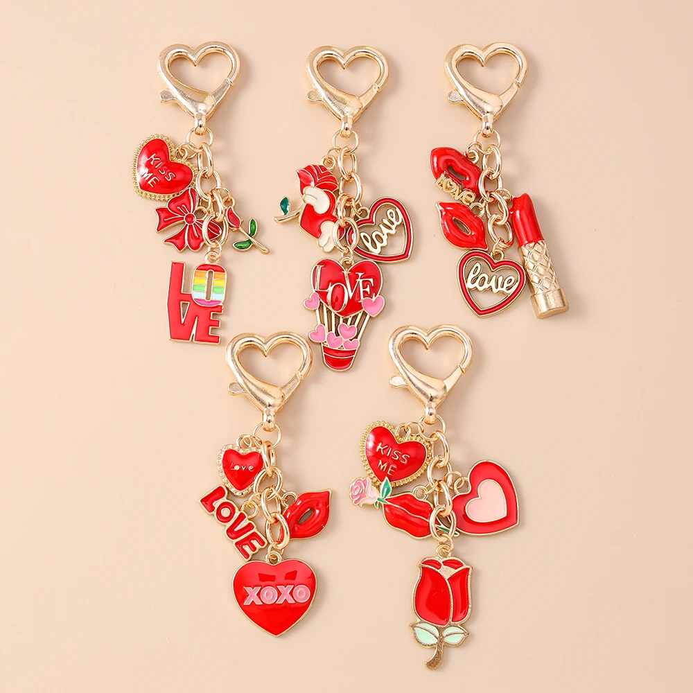Aihua Hübscher Lippenstift-Schlüsselanhänger mit roten Lippen, Herz- und Rosenblüten-Motiv, für Frauen und Mädchen, Geburtstagsgeschenk, Schmuckanhänger für Handtaschen – Detail 1