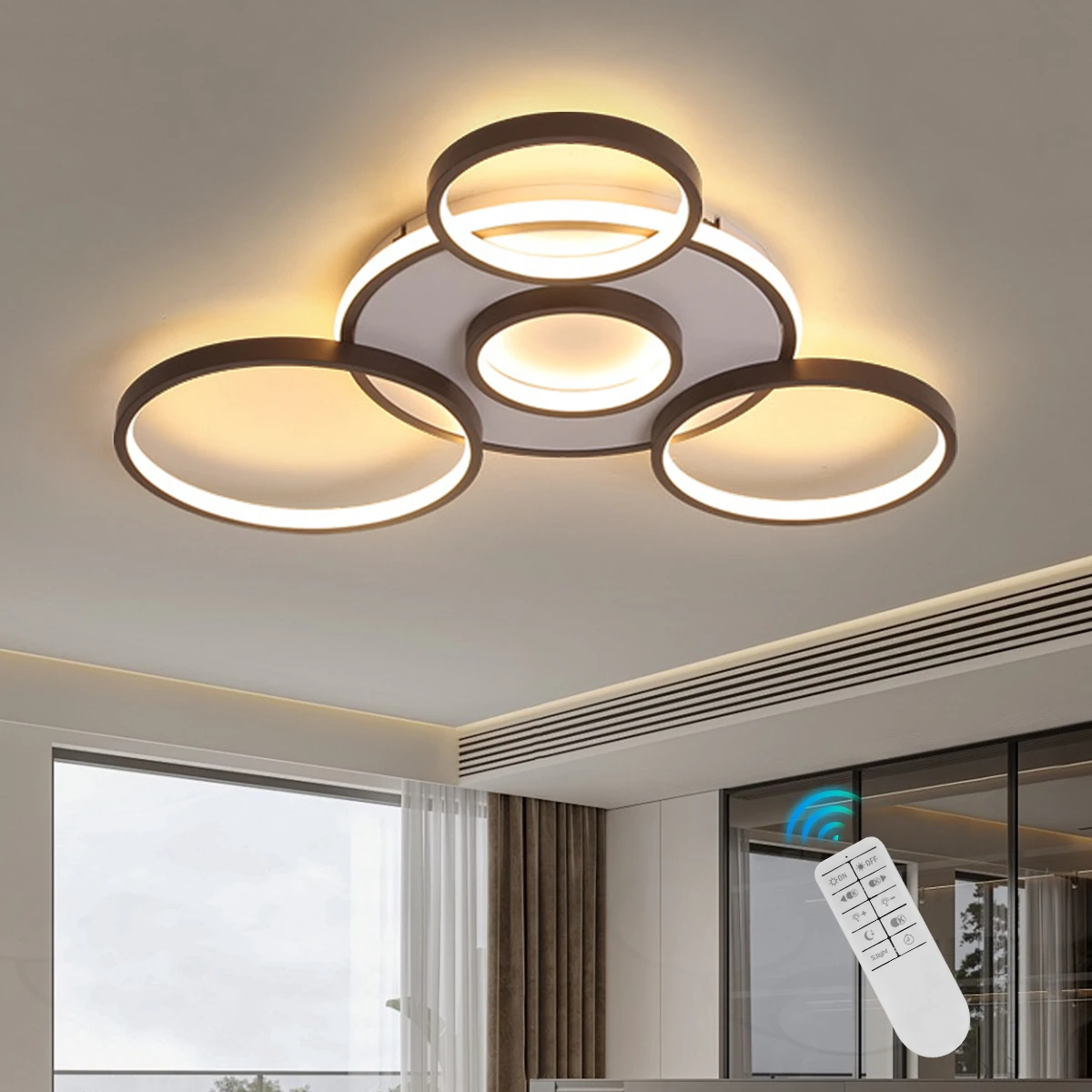 5-LED Flush Mount Ceiling Light Fixtures Decor  Dimmable with Remote Modern Rings Design Kitchen Island Chandelier  Dining Room