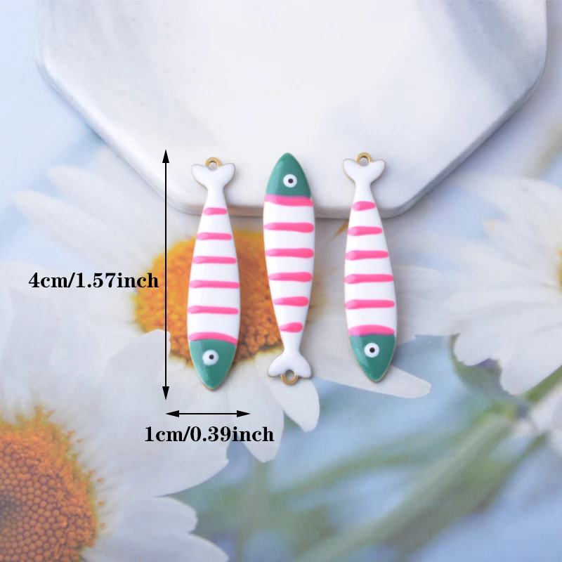 6 Stück Kupfer beidseitig emaillierte niedliche Fischanhänger, gestreifte Fische, lange Halskette für Damen, Armband, Anhänger, DIY-Schmuckzubehör – Detail 3