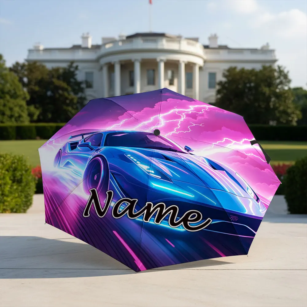 Custom Name Umbrella Neon Blue Sports Car With Pink Lightning Storm Sky Print Folding Umbrella For Racing Car Enthusiasts, Gift