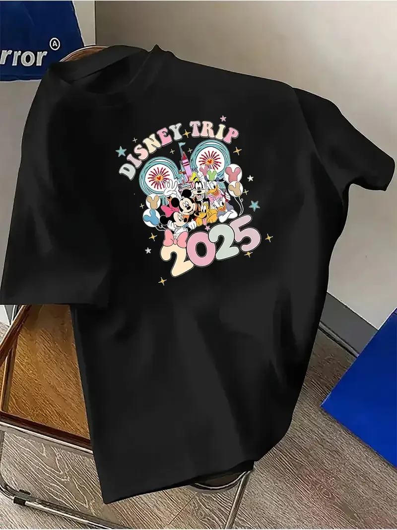 

2025 парная женская футболка унисекс с Микки и Минни Диснейлендом, хлопковая повседневная одежда больших размеров, футболки для девочек, уличная одежда с героями мультфильмов, топы