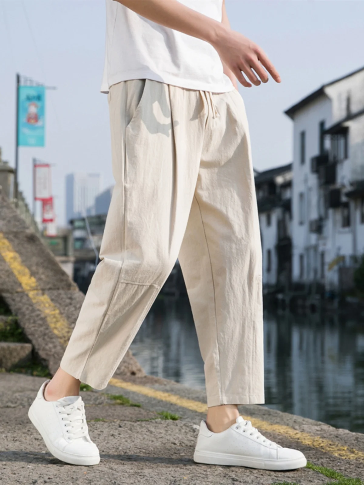 

Linen Cotton Casual Pants Men's Summer Thin Sle Nine Points Loose Teenagers Daily Wear Straight Leg Loose Fit Trousers