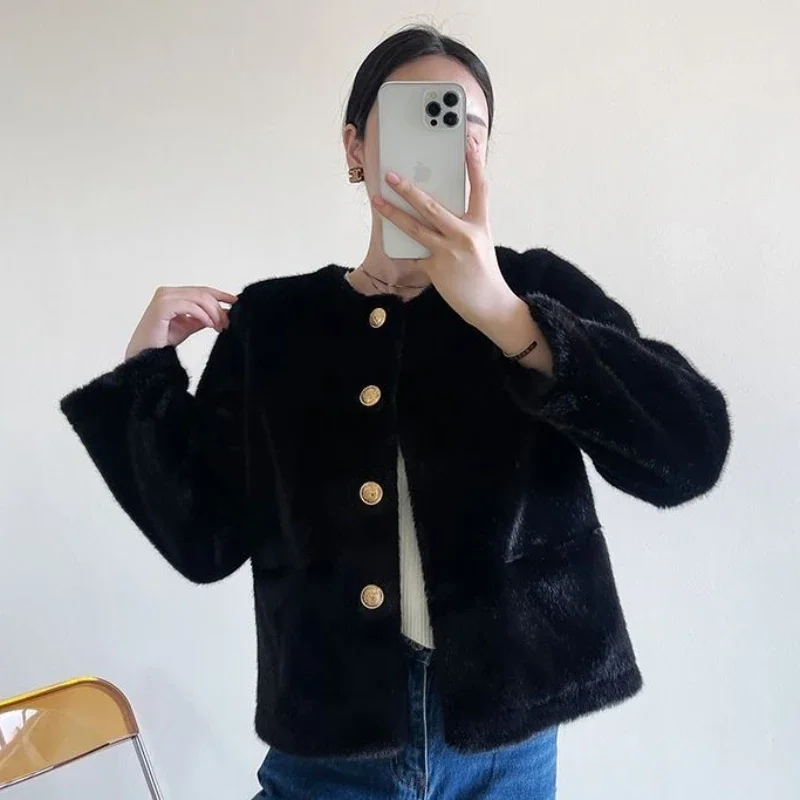 Manteau en Fausse Fourrure de Vison pour Femme, Vêtement d'Extérieur Court, Simple, Décontracté, Résistant, à la Mode, Col Rond, 2024