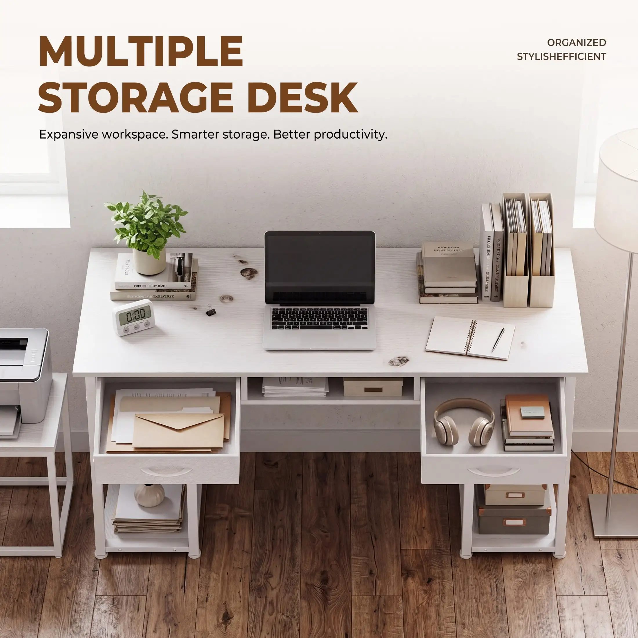 48 Inch Office Desk with 2 Drawers, Spacious Writing Desk with Storage Shelves, Modern Computer Table for Home Office,Study and Work,White