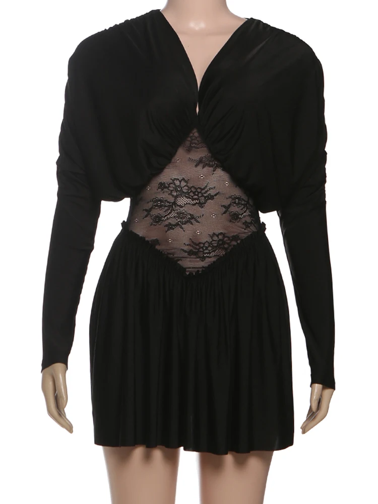 Macheda Hot Meisjes Mini Jurk Vrouw Elegant Mesh Patchwork Herfst Trend V-hals Volledige Mouw Middernacht Verjaardagsfeestje Ruches Bodycon