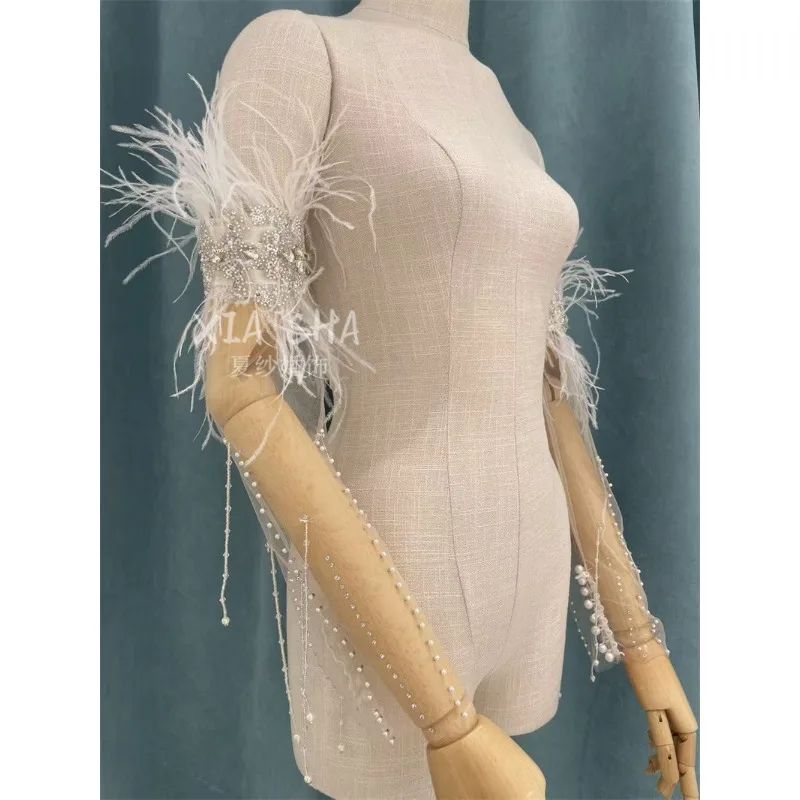 Bridal wedding dress feather sleeves fringed hand-sewn super fairy feather sleeves separate wedding  veil