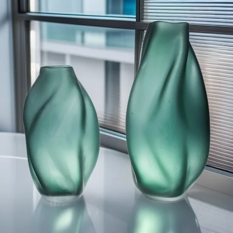 Vase en verre givré de petit diamètre pour célébrité d'internet de style nordique, arrangement floral vert pour salon, ornement de table