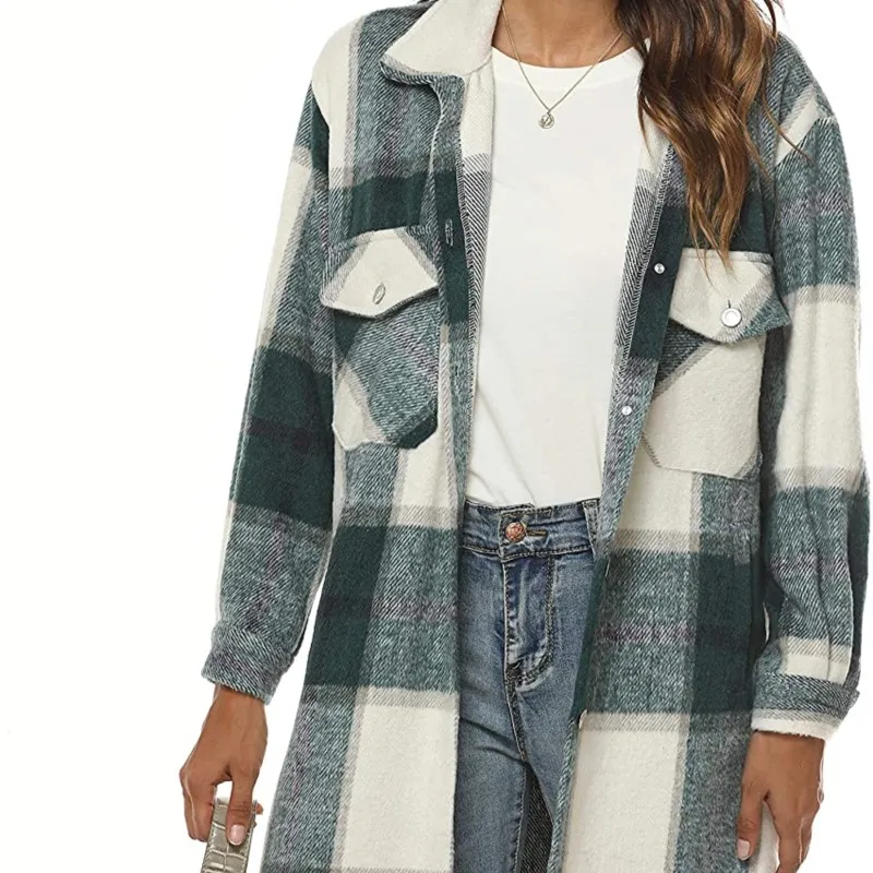 Women's Casual Plaid Wool Blend Shacket Button Shirt Long Jacket Coat