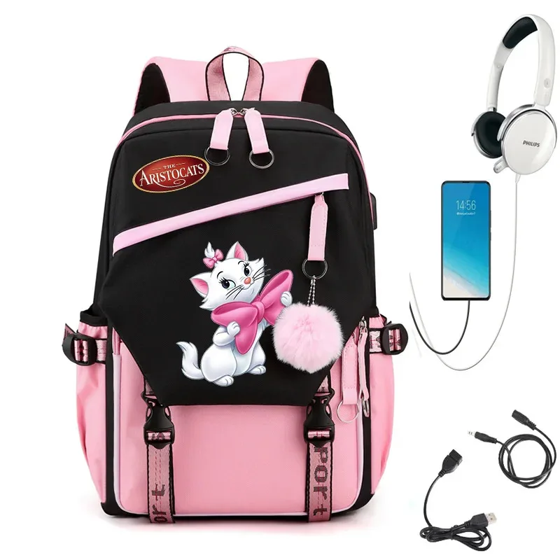 

Рюкзак Disney The Aristocats Marie Cat для девочек и мальчиков, детский рюкзак для подростков, мужские и женские школьные сумки, рюкзаки с зарядкой через USB
