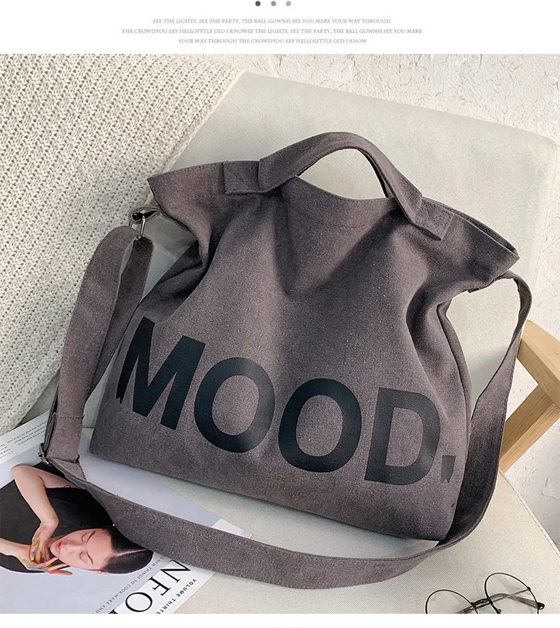 Große Canvas-Tasche mit Buchstaben-Aufdruck in Unifarben, Unisex-Modell mit Gleichem Canvas-Umhängeband, Große Kapazität Shopper-Tasche – Detail 4