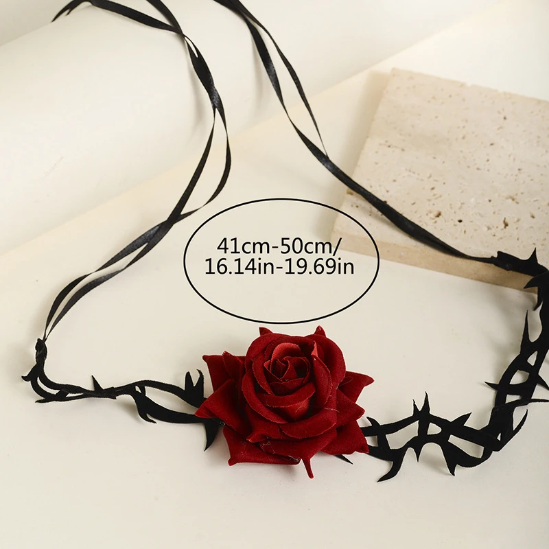 Retro Flower Adjustable Rope Collar Necklace Gothic Thorny Red Rose Choker Necklace For Halloween Cosplay Party Accessories