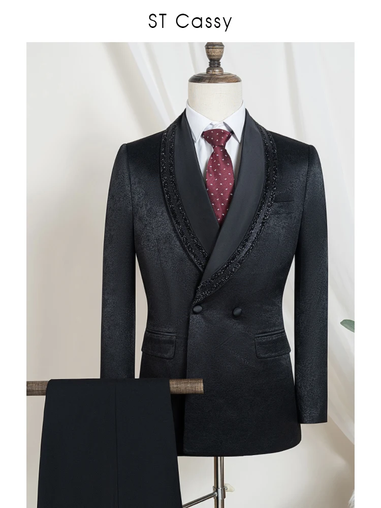 بدلة رجالية فاخرة وعصرية بياقة من حجر الراين وشال وطية صدر السترة بدلة زفاف سوداء مكونة من قطعتين مأدبة سهرة للعريس #1