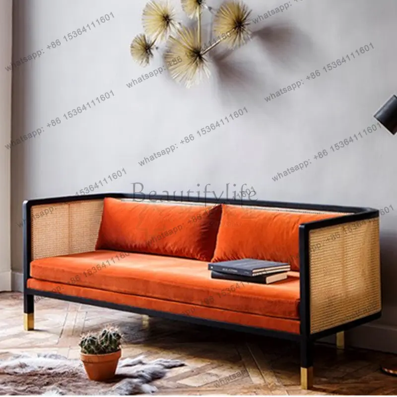 Nordic modern solid wood rattan double three-person sofa simple American fabric sofa chair