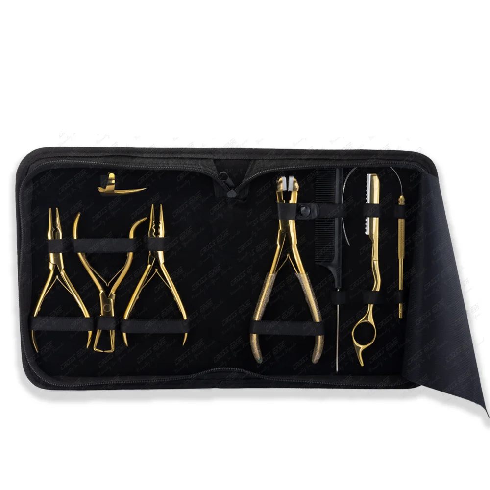 

Gold micro bead hair extension tools set, Tape in hair extension pliers Stainless steel with packing case Pulling Loop & Hook