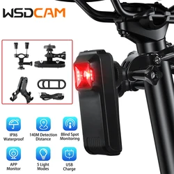 Wsdcam bicicleta retrovisor radar luz traseira 5 modos lâmpada traseira monitor de ponto cego à prova dwaterproof água inteligente luz traseira da bicicleta