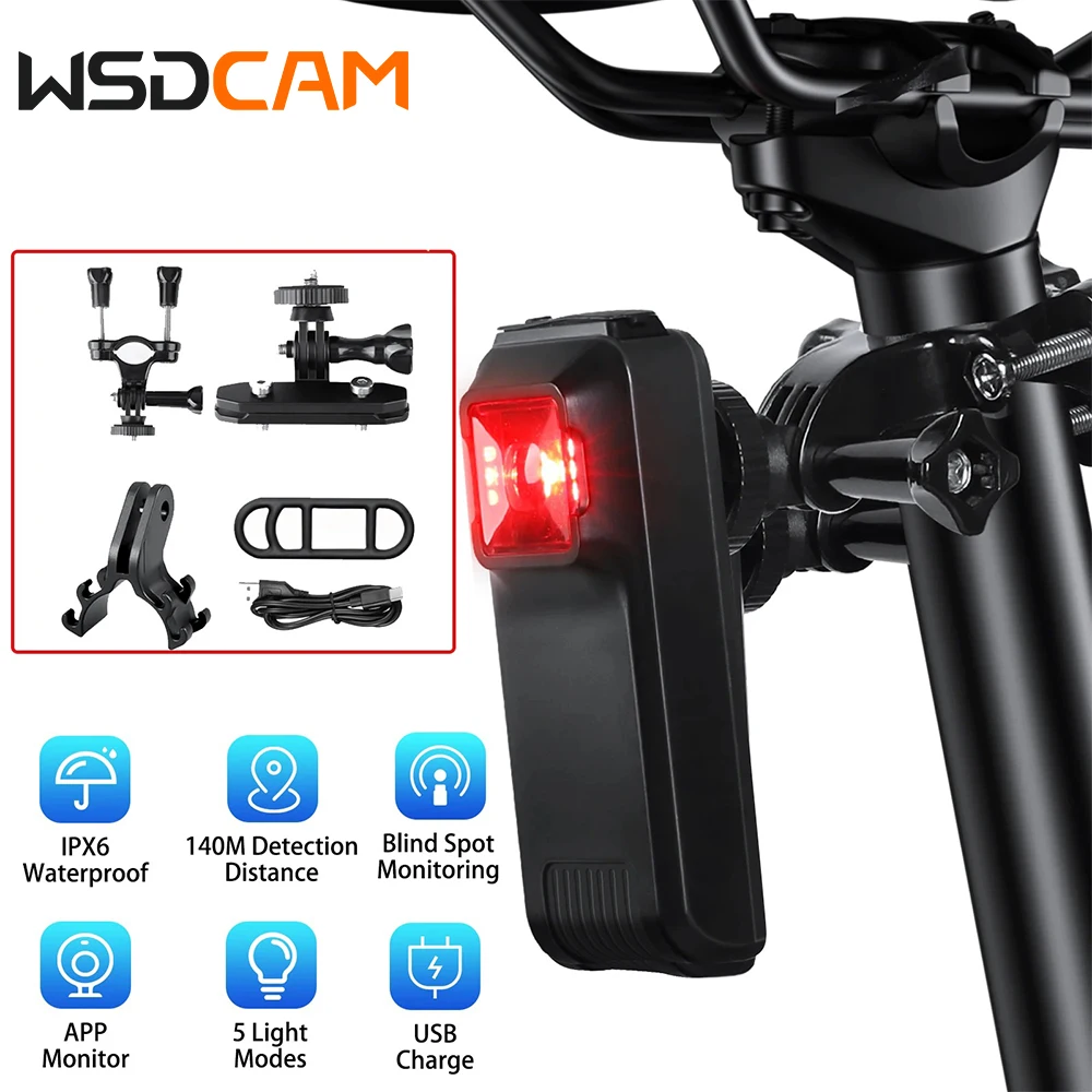 WSDCAM Bicycle Rearview Radar Tail Light 5 Modes Tail Lamp Blind Spot Monitor Waterproof Smart Rear Bike Light