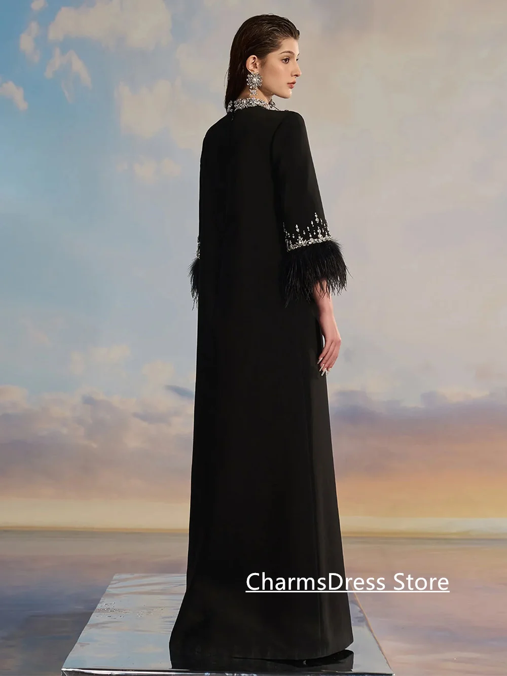 Black Evening Dress Customized High Neck Crystal Stones Feathers Long Sleeves A Line Arabian Party Gown Saud Prom Dresses