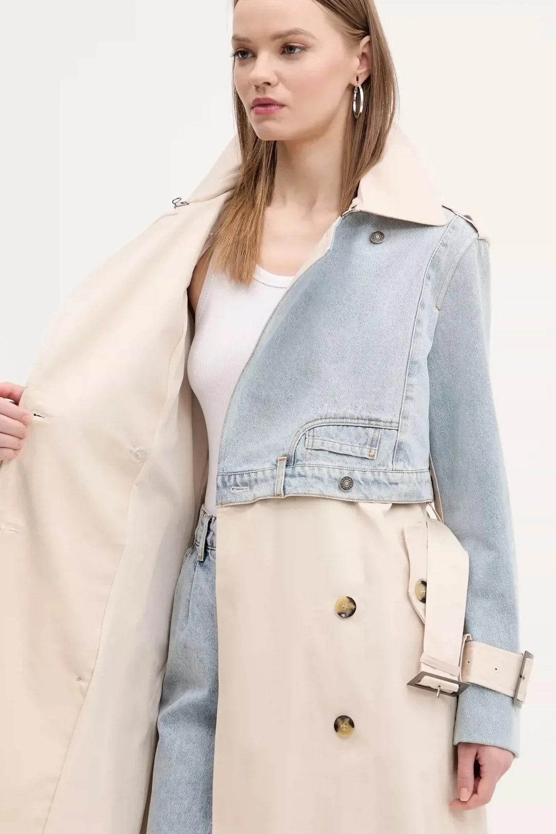 Europe, America, Spain Original Single New Retro Cowboy Splicing Long Coat Designer Collection Waist Collar